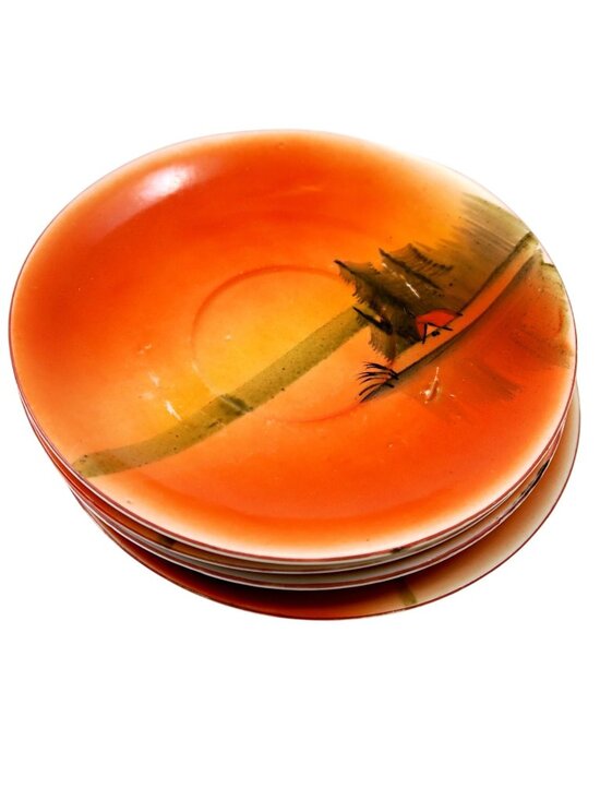 Unmarked Other - Scenic Luster Saucers (Set of 4) 1920s-40s Japan Hand-Painted Lake Scene